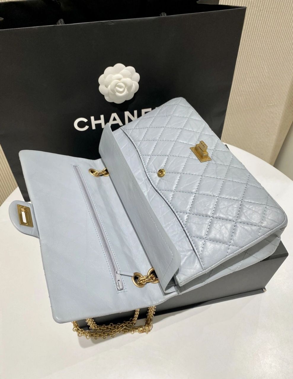 chanel香奈儿2.55 中号雾霾蓝链条包 chanel香奈儿2.