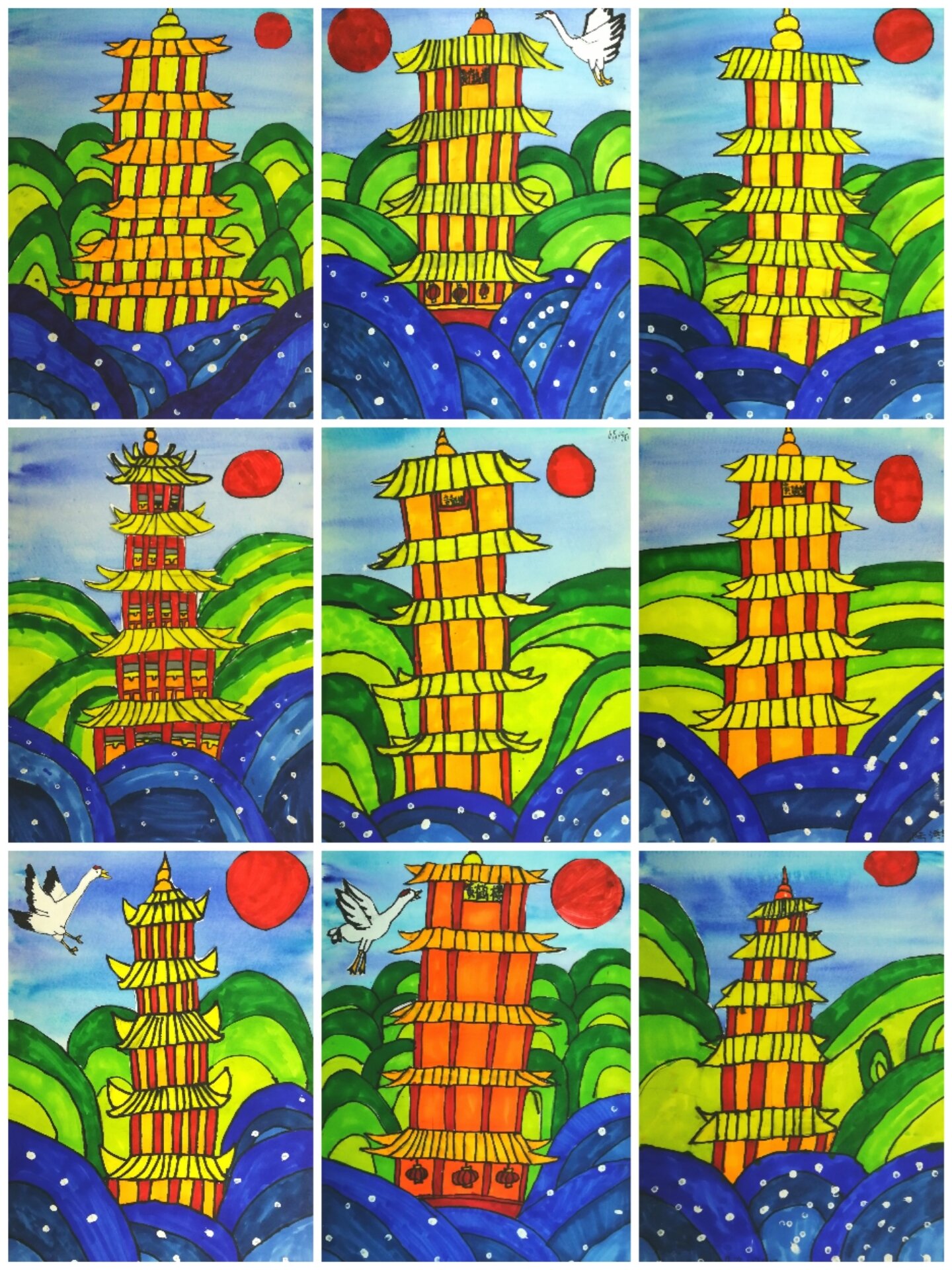 7-9岁小朋友们画的《黄鹤楼》作品