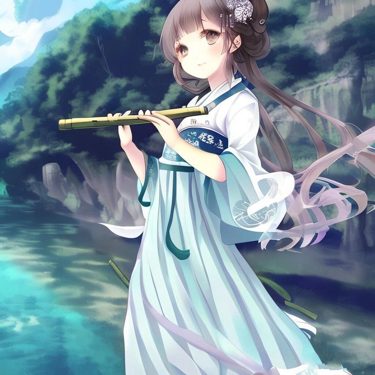ai作画之吹竹笛的国风少女   二次元女孩子质量很高,就是手和笛子的