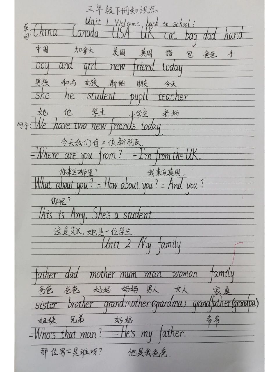 人教版英语pep三年级下册 三年级下册手写体重点单词和句型,希望孩子