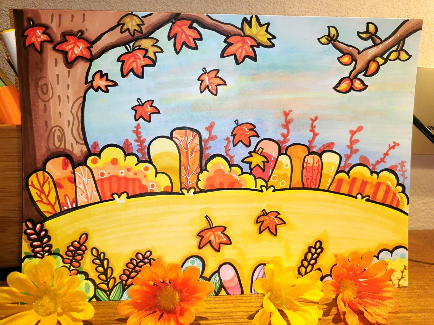 78秋天场景主要以黄色,橙色和红色这样的暖色调为主 	 78马克笔