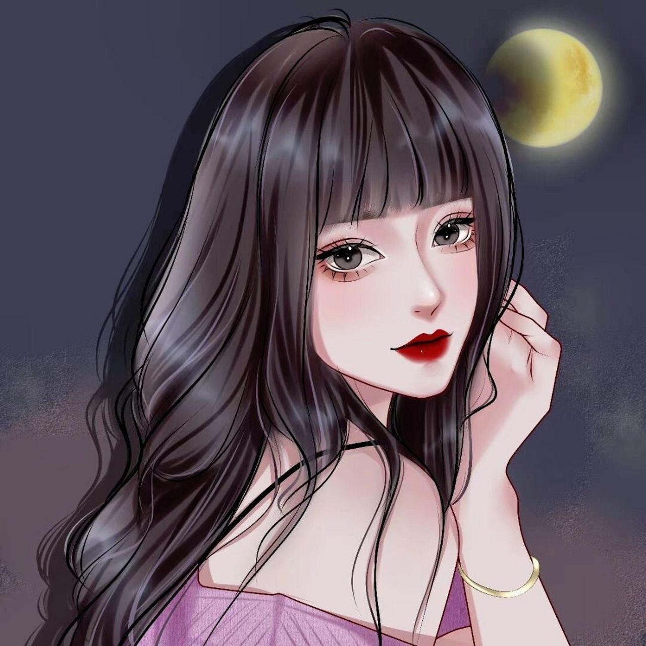 暗黑系风格丨手绘女生头像 喜欢月亮 但是不想去追月亮 只想留在人间