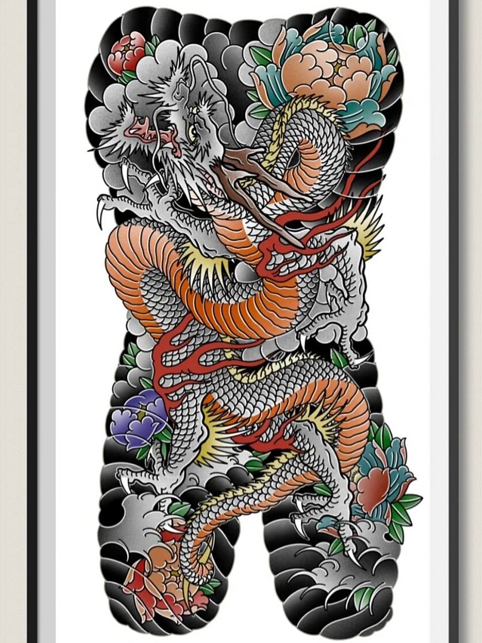 老传统满背龙手稿77线条77黑灰         满背龙