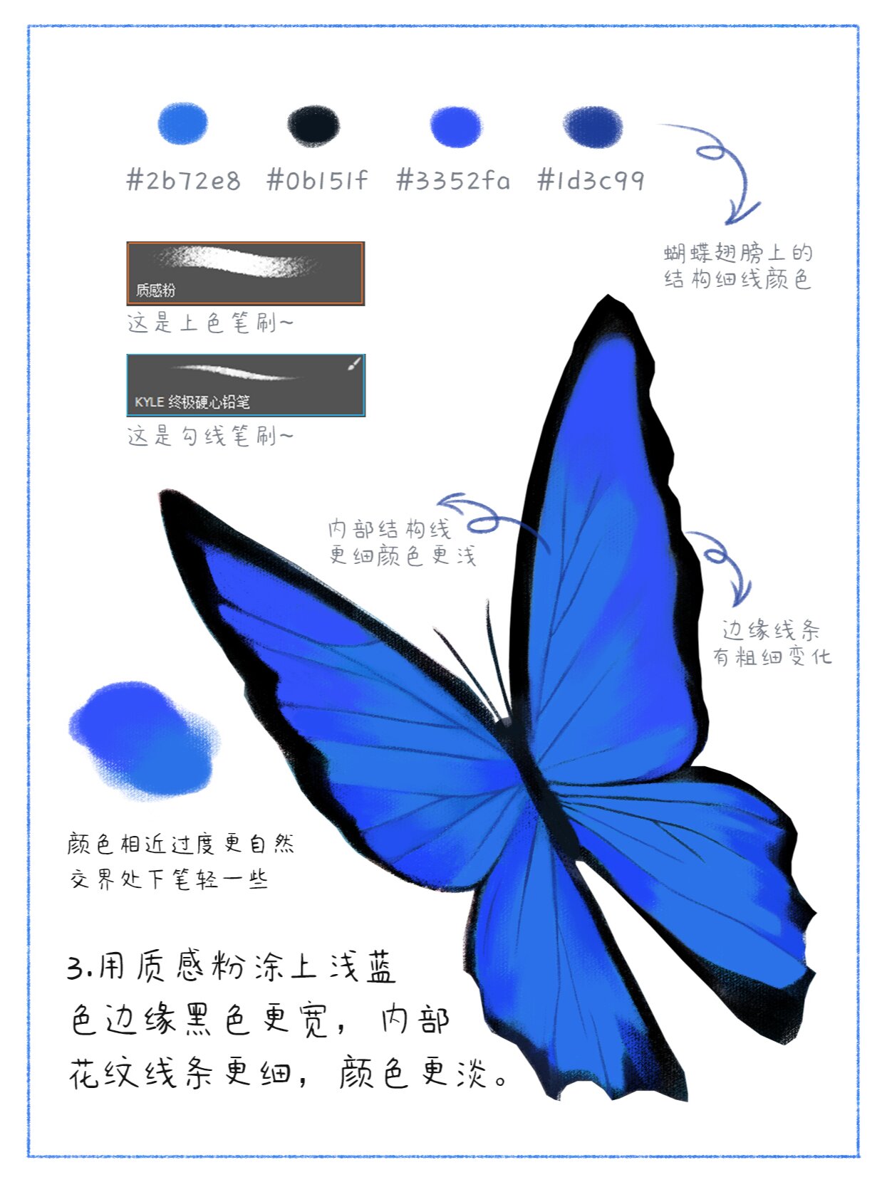 原创插画|大蓝闪蝶步骤教程 工具:ps 手绘板 笔刷:勾线/质感粉/效果