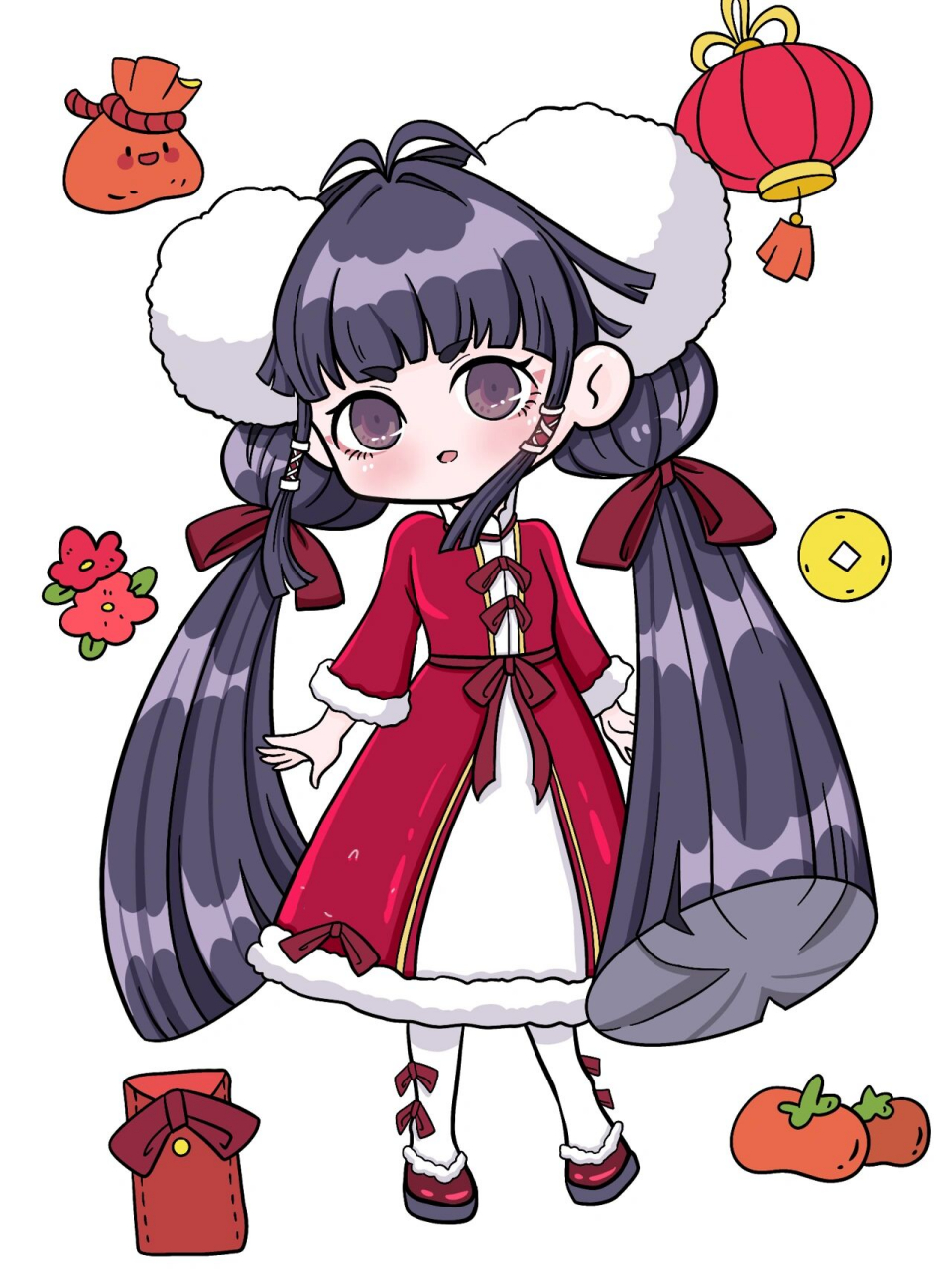 新年元旦春节简笔画贴纸卡通q版人物可爱女 原创动漫人物全身站姿