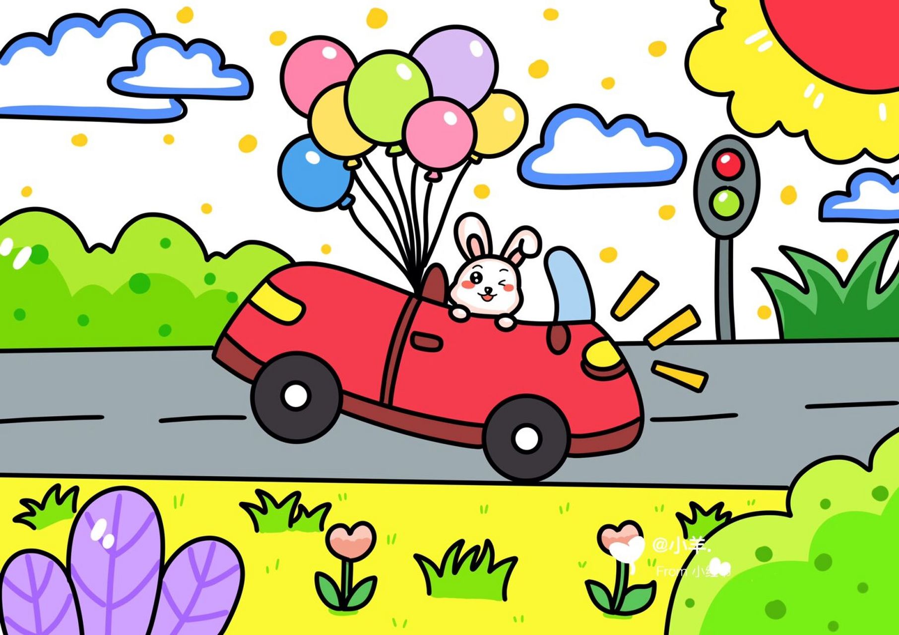 开车的小兔子 儿童创意画 07汽车儿童画 #创意儿童画# #幼儿创意