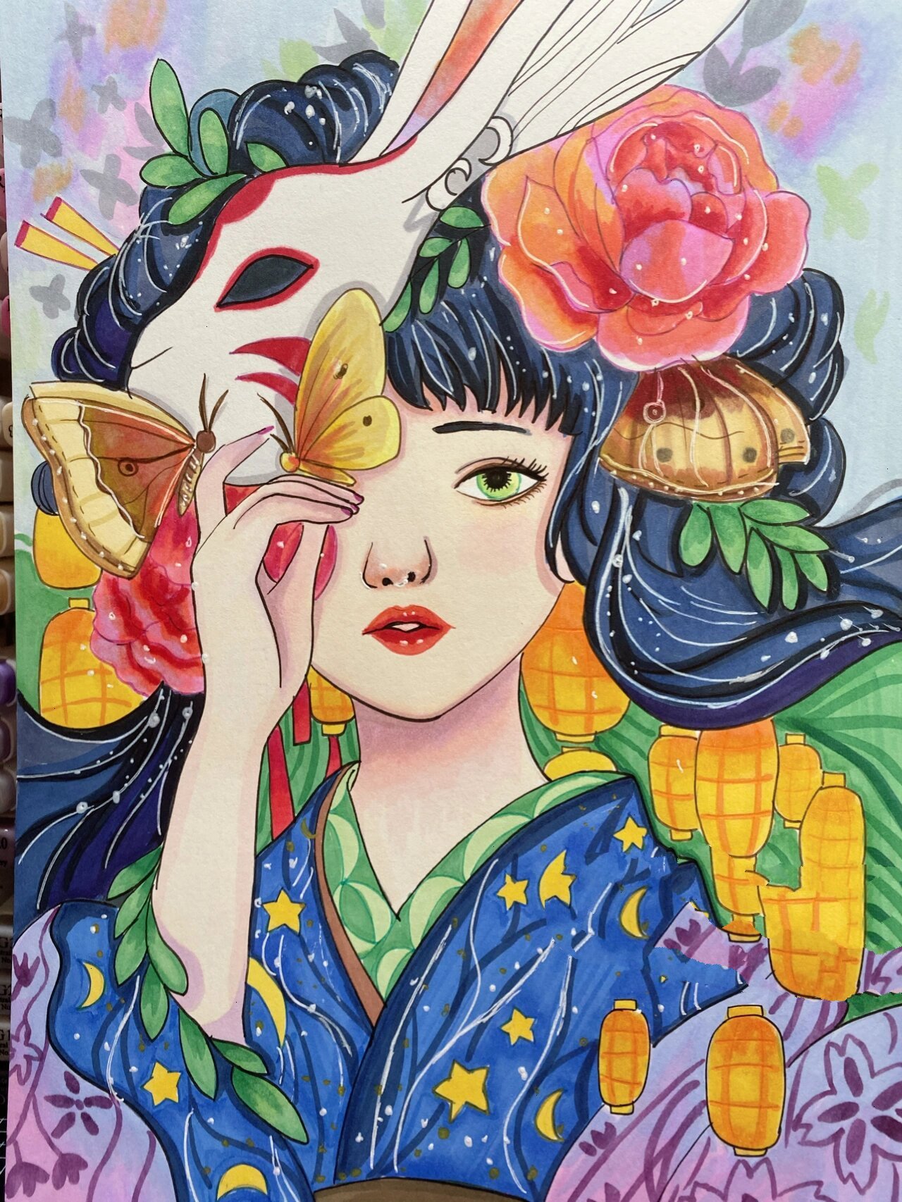 马克笔日式风和服女孩绘画