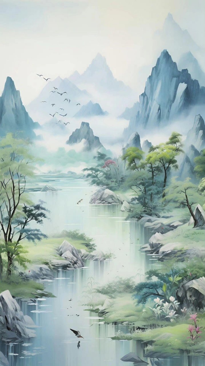 国风山水画唯美意境背景图壁纸