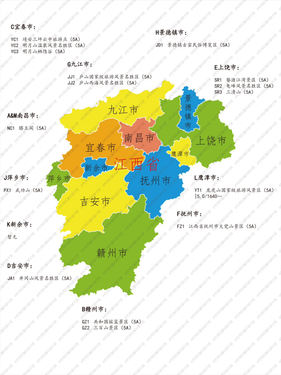 江西省5a級景區分佈 更新中 a&m南昌市: nc1 膝王閣(5a) — b贛州市