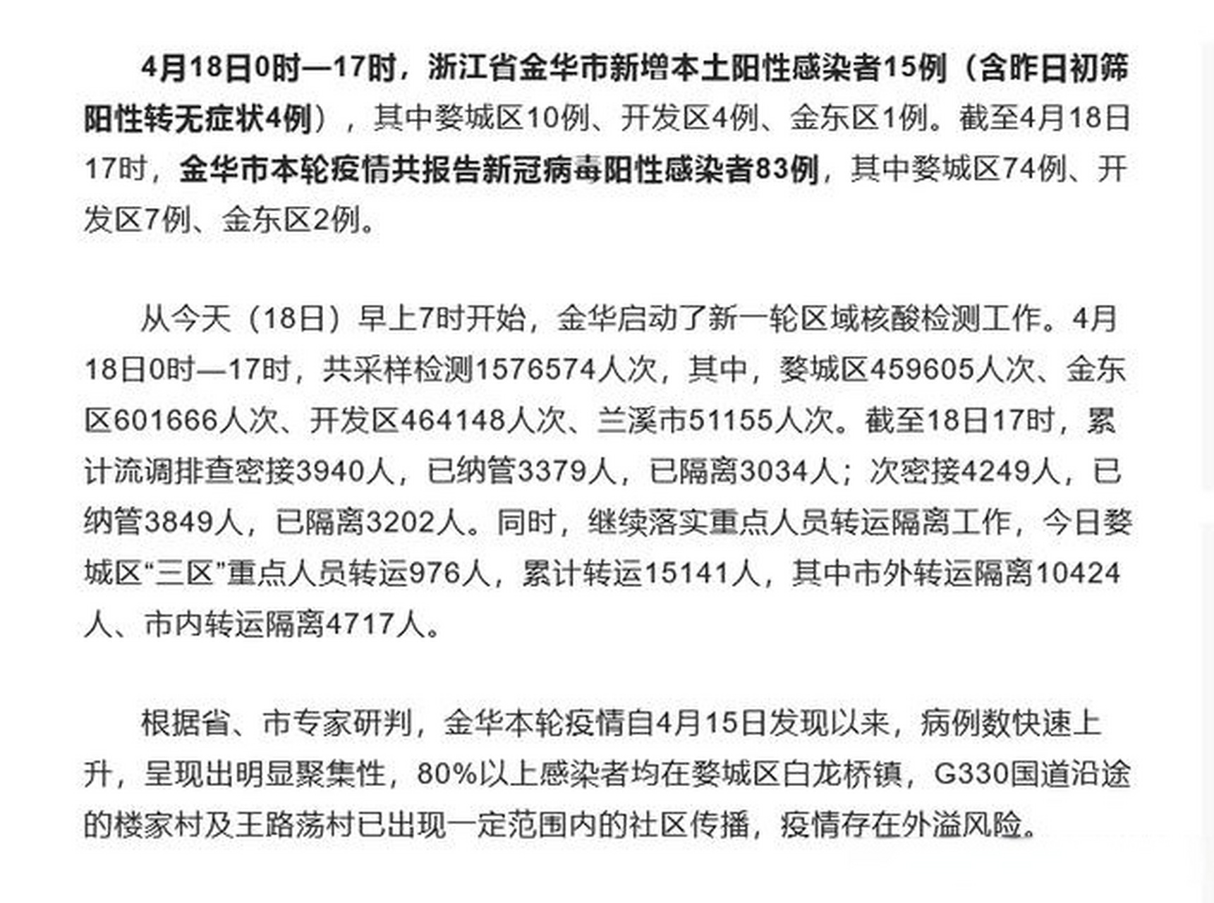 浙江金华新增本土阳性感染者15例 本轮疫情共报告阳性感染者83例