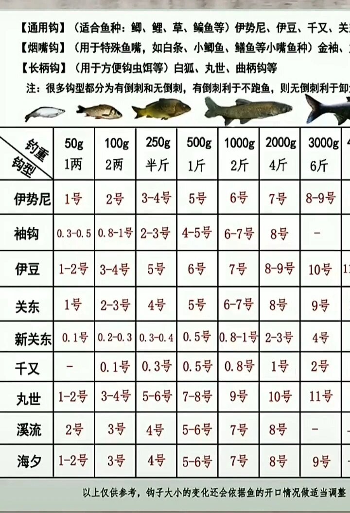 鱼钩型号对照表,新手必学