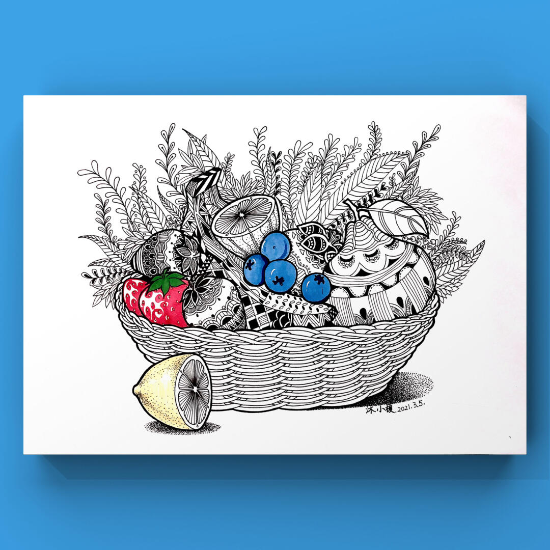 【原创黑白线描装饰画】-"水果篮子"附过程图