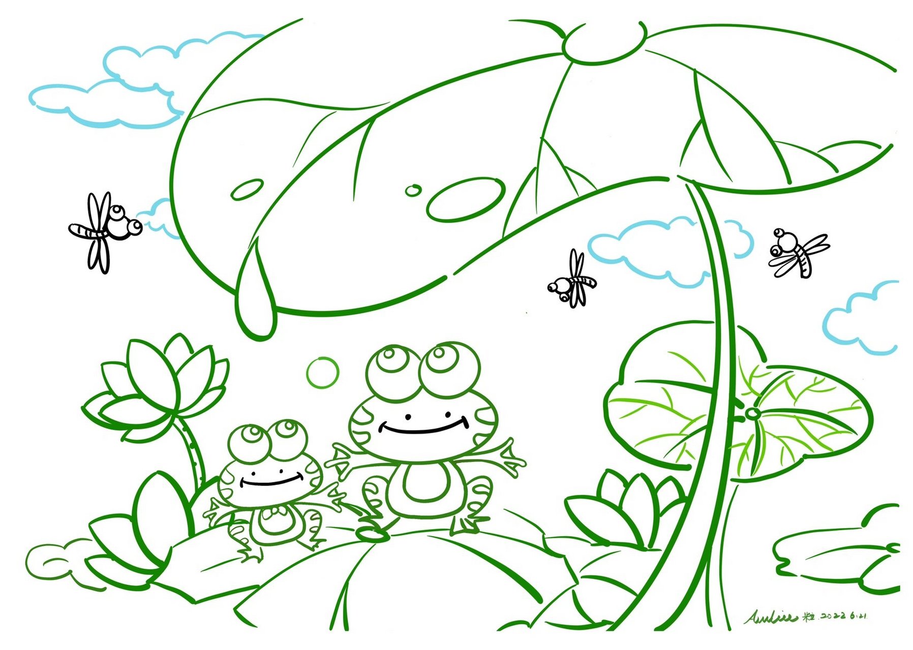 夏天主题画,夏至儿童画,池塘里的小青蛙 夏至|日渐长夜微凉 	 池塘里