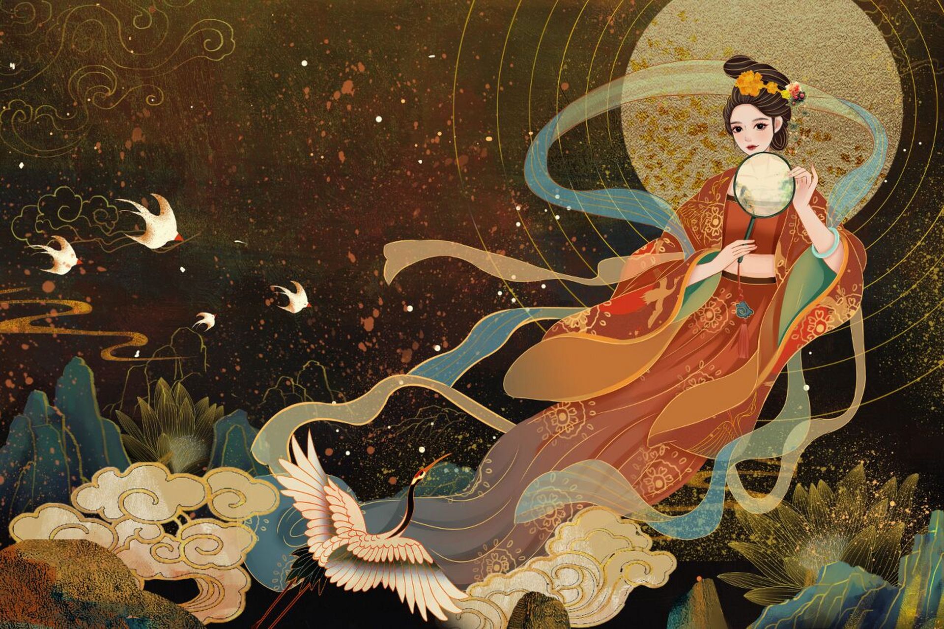 国风中秋节插画|嫦娥奔月素材分享 宝子们,还有几天中秋节就到了 有没