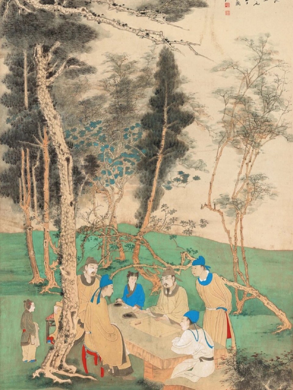 张大千《松下高仕文会图》高清图 "文会图"是历代都有名作传世的题材