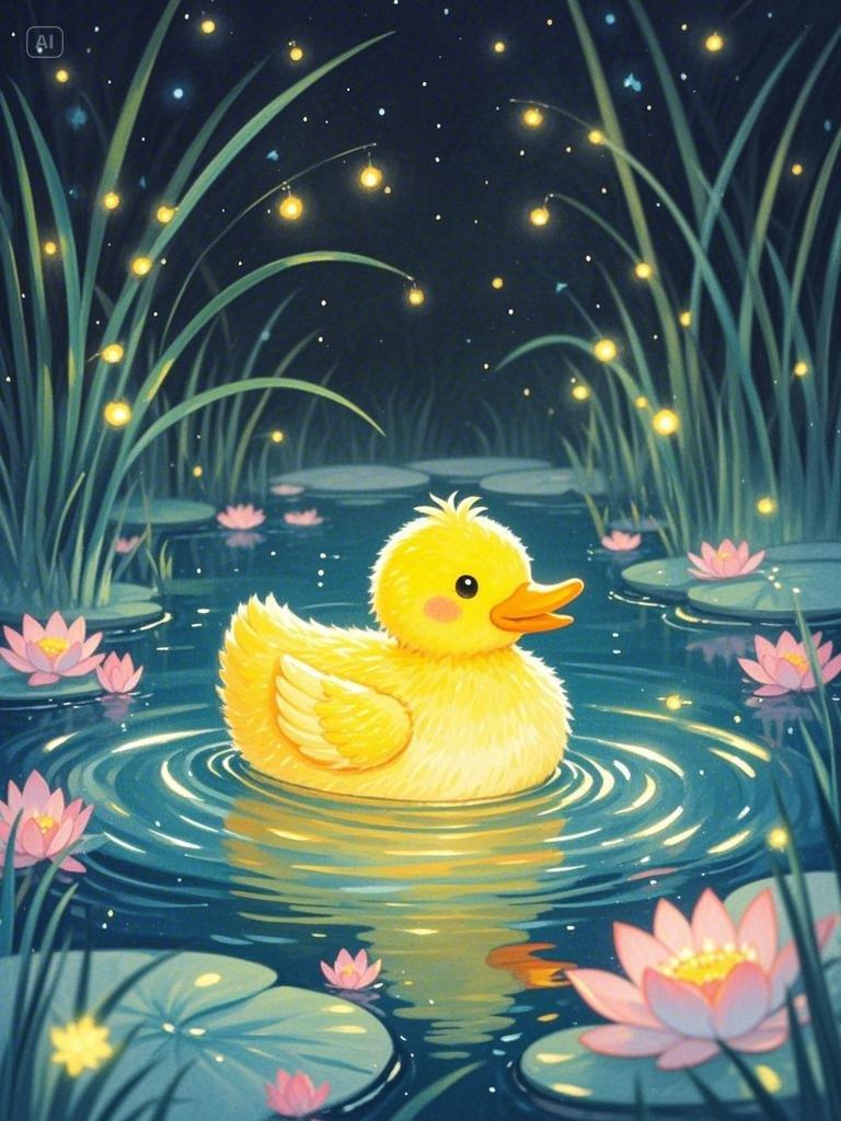 彩铅插画,童话故事,手绘感,细腻,一个可爱的小黄鸭,在池塘里游泳,温暖