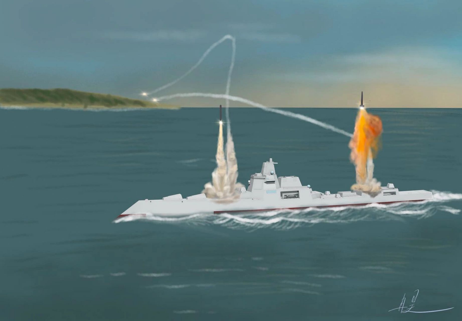 059型巡洋舰正在执行对地打击任务