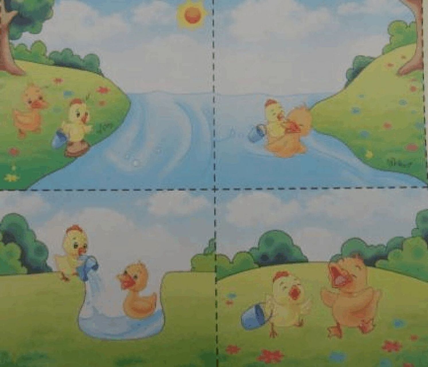 看图写话 小鸡和小鸭 一个风和日丽的上午,小鸡带着小水桶和小鸭去