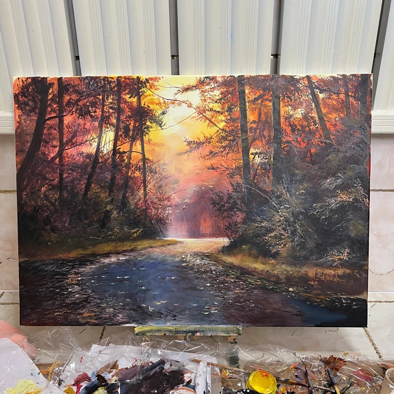 丙烯画:森林里的光(含步骤图) 尺寸50x70 临摹俄罗斯画家维克多 所用