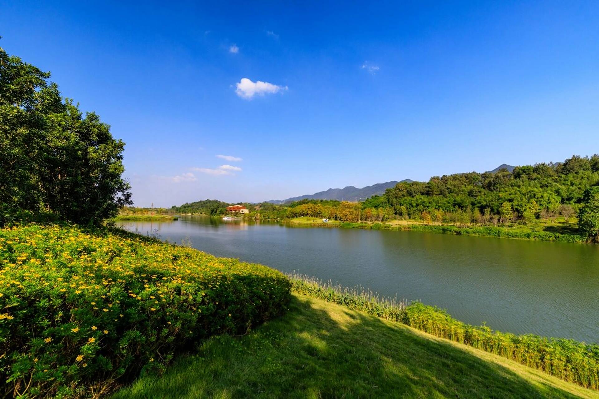 重庆两江新区明月湖美翻了! 秋高气爽,蓝天白云,青山如黛.