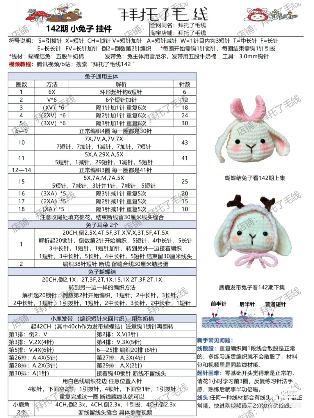 小号用线雪绒花二号,大号用线雪绒花一号. 图解 身体图解在其它笔记.