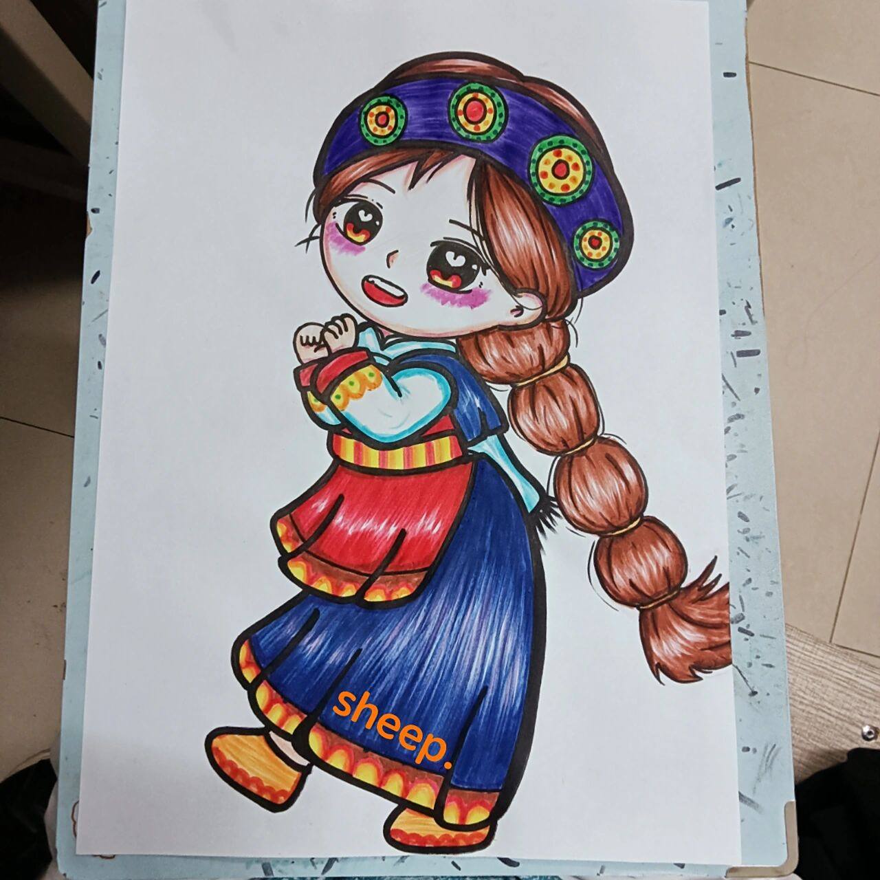 简笔画 少数民族 好像是叫纳西族吧,我其实比较喜欢我画的头发,背景有