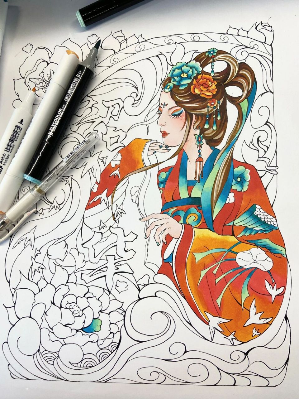 原创手绘|敦煌配色马克笔海报(附线稿图) 有人喜欢这个色调吗,喜欢