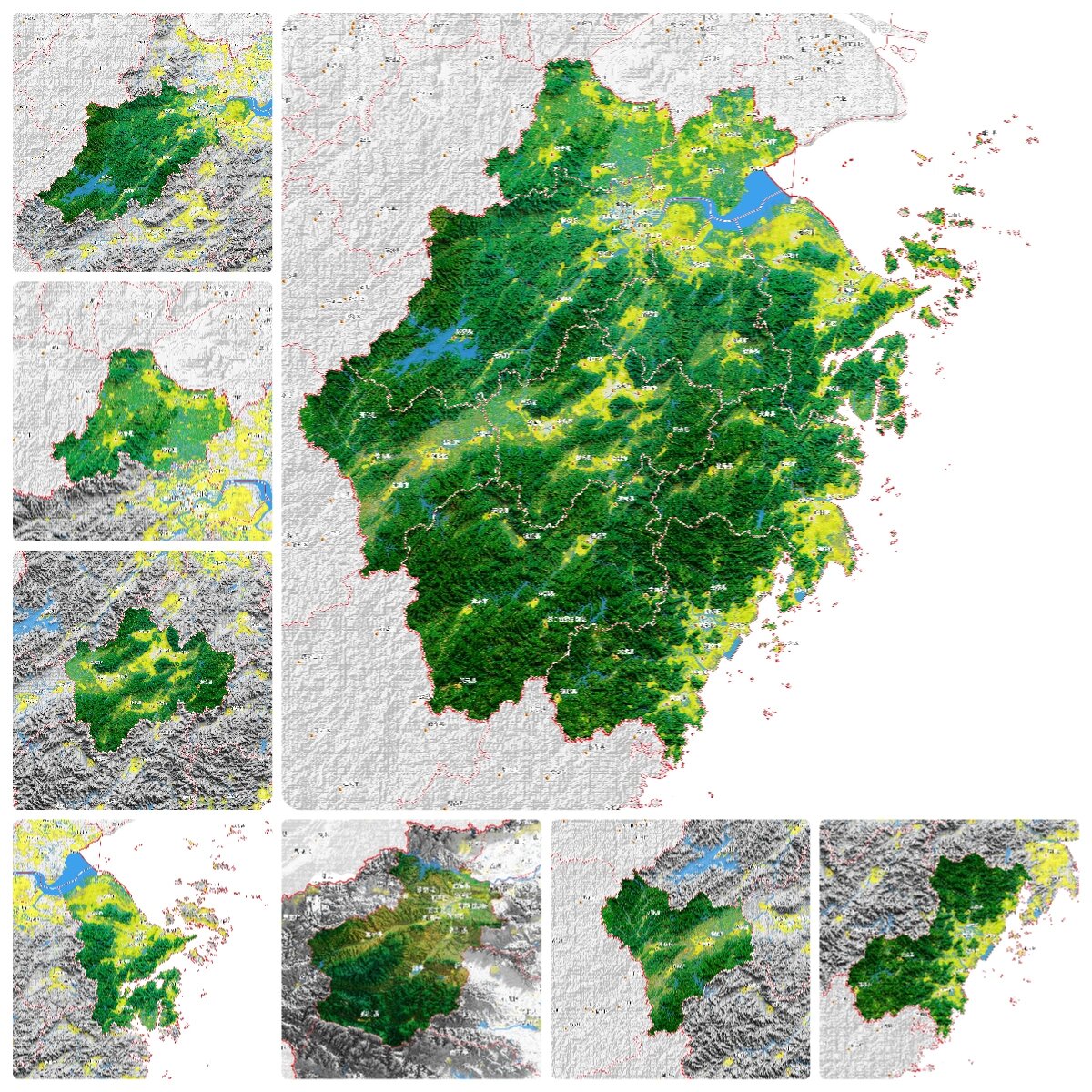 浙江11个地级市,立体地形图(区县级)