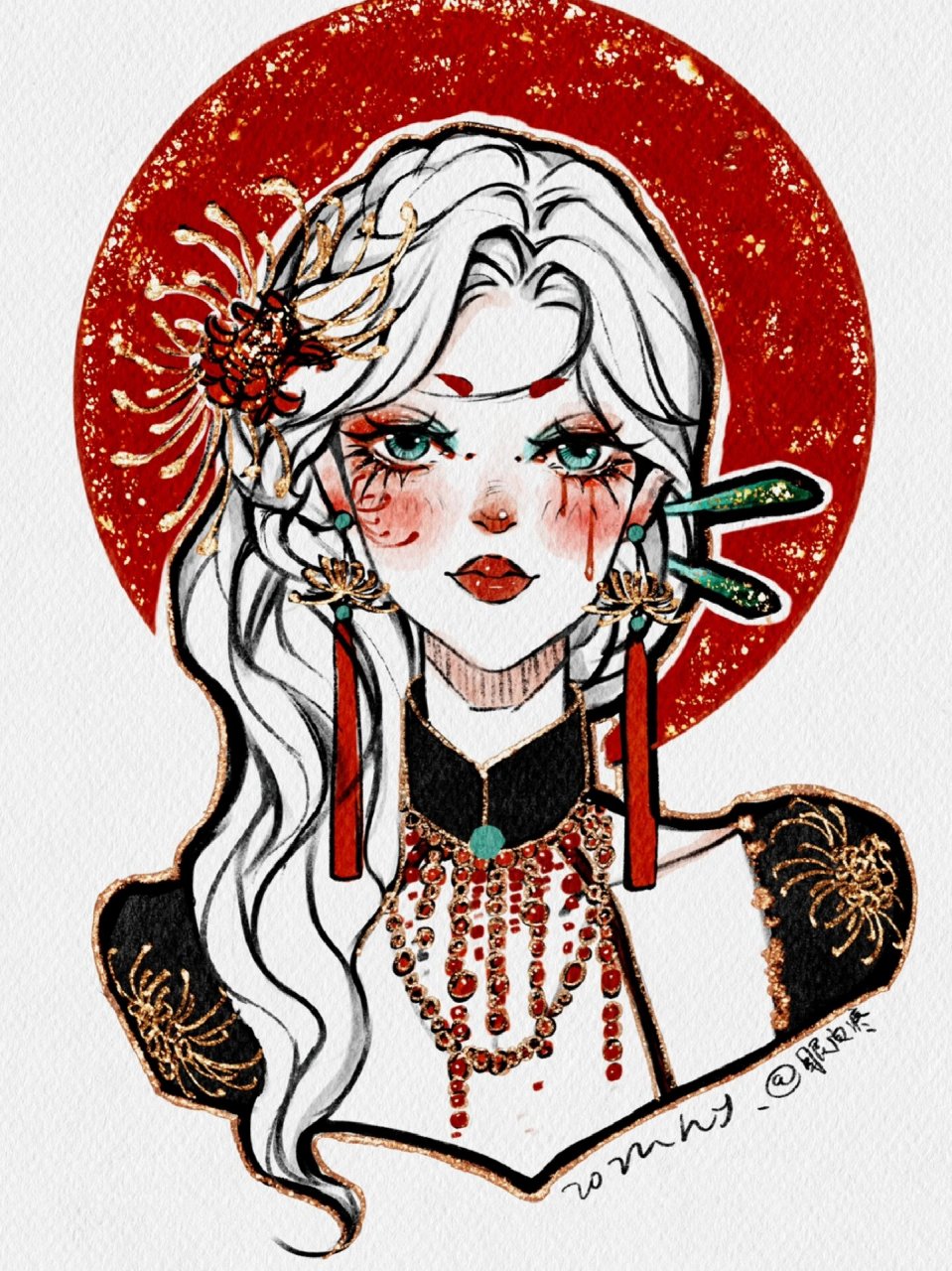 新中式少女插画/花朵拟人4——彼岸花 第二张是线稿哦 宝子们可以投稿