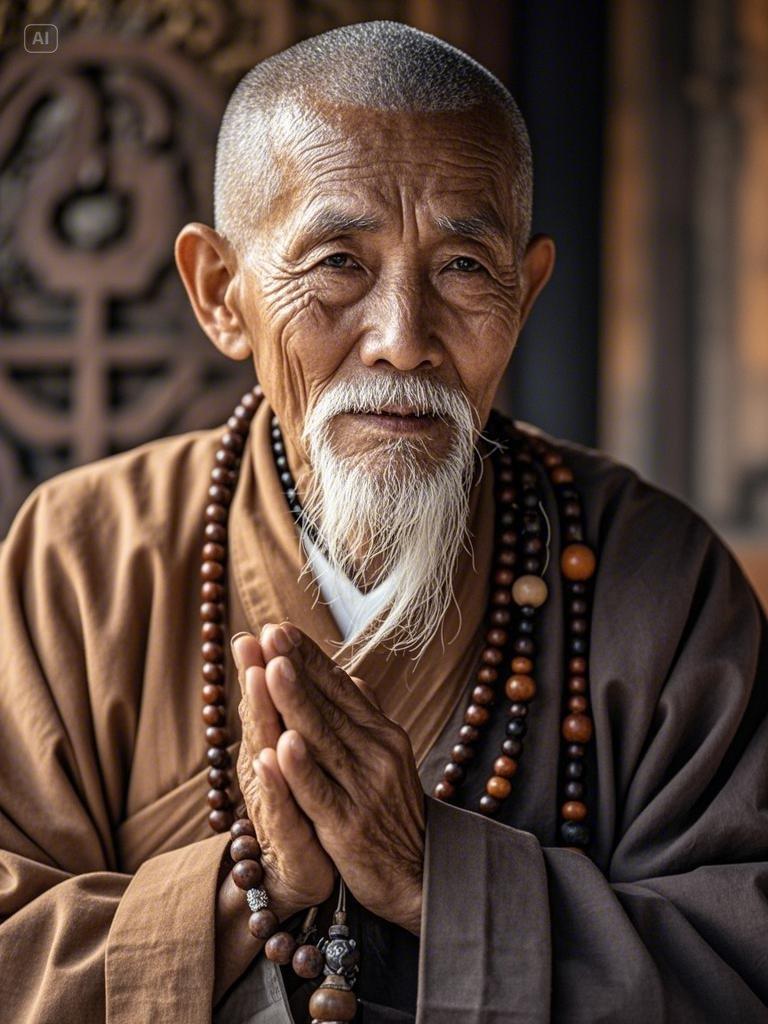 一个老年人,信佛之人,脸上有皱纹有白胡须,身穿和尚服装,颈部佩戴佛珠