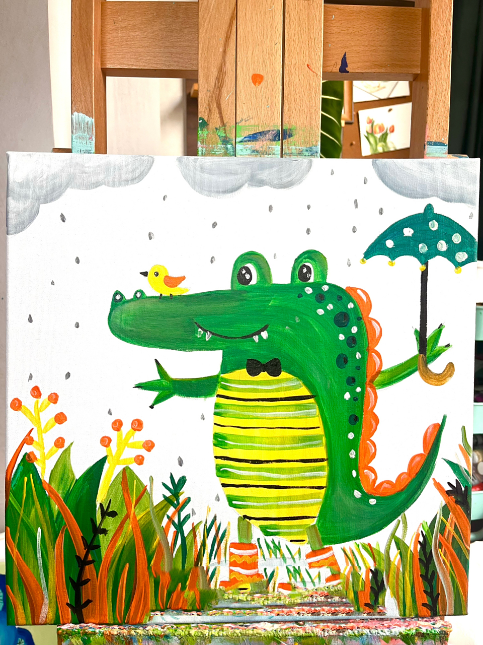 儿童丙烯画—撑伞的鳄鱼 这几天外面都是阴阴的下着雨,雨声滴答滴答响