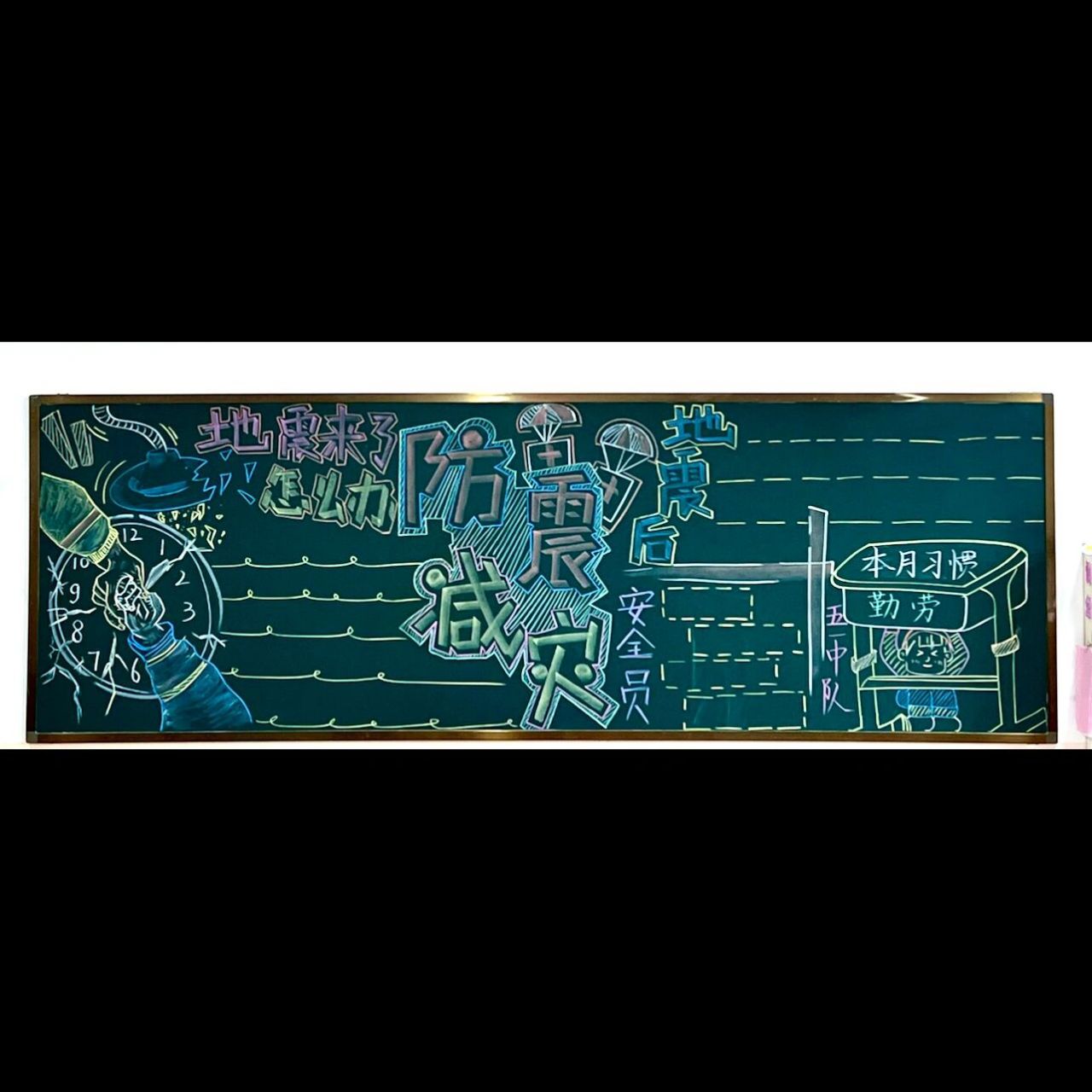 防震减灾黑板报 帮同事一节课的时间涂了一张黑板报参考了一些其他的