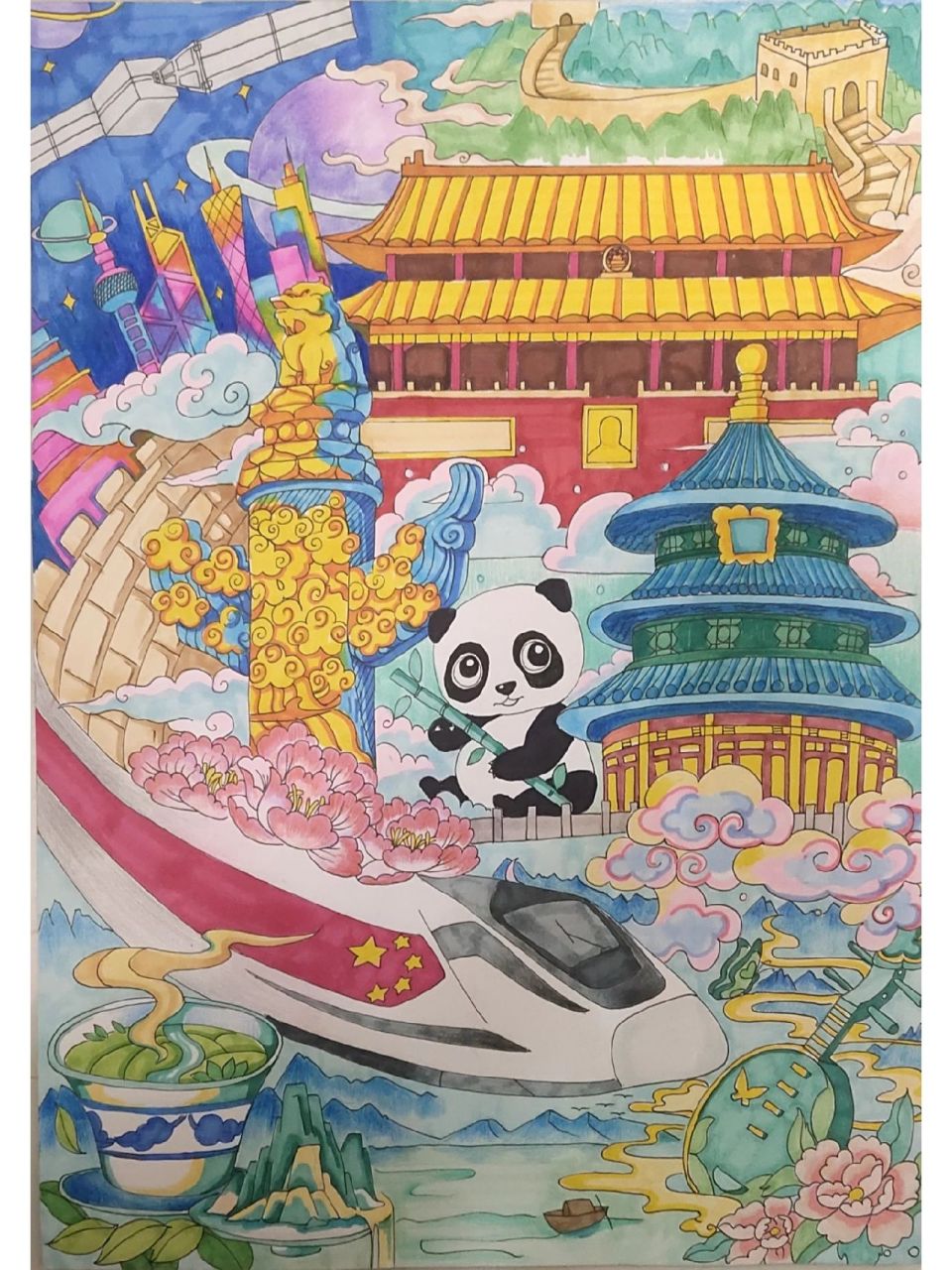 美丽中国主题创意绘画 带着学生参加比赛画的作品,希望学生能获奖呀