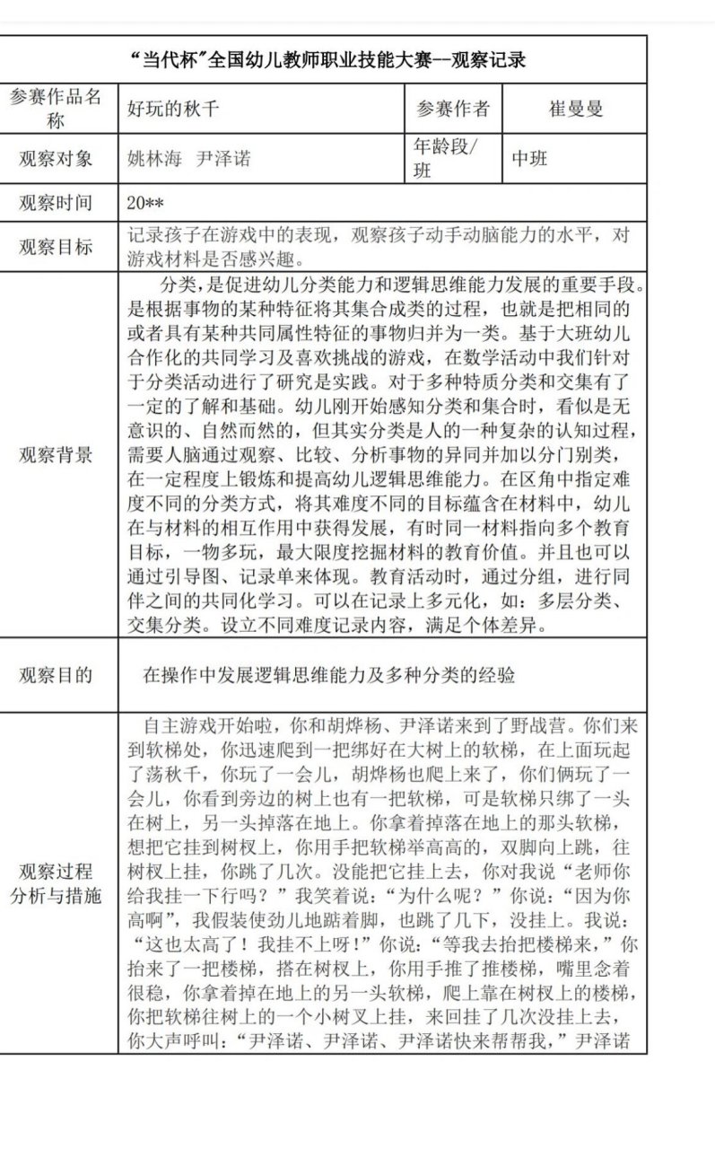 区角游戏观摩记录表图片