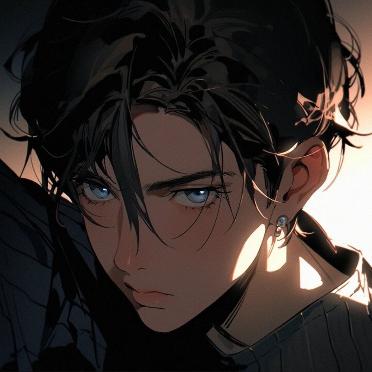 简约的黑色背景,深邃的眼神以及从上方打下的一束灯光,让整个图片