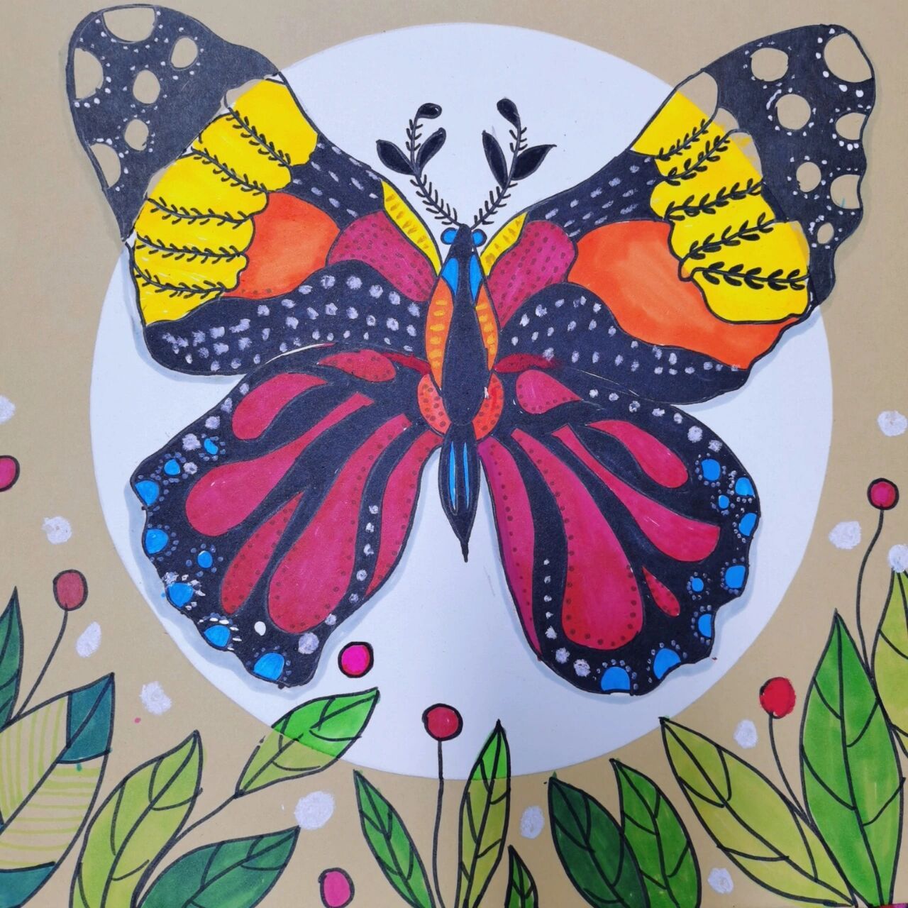 美丽的蝴蝶》 适合年龄:7-9岁 使用工具:牛皮纸 素描纸  简单 马克笔