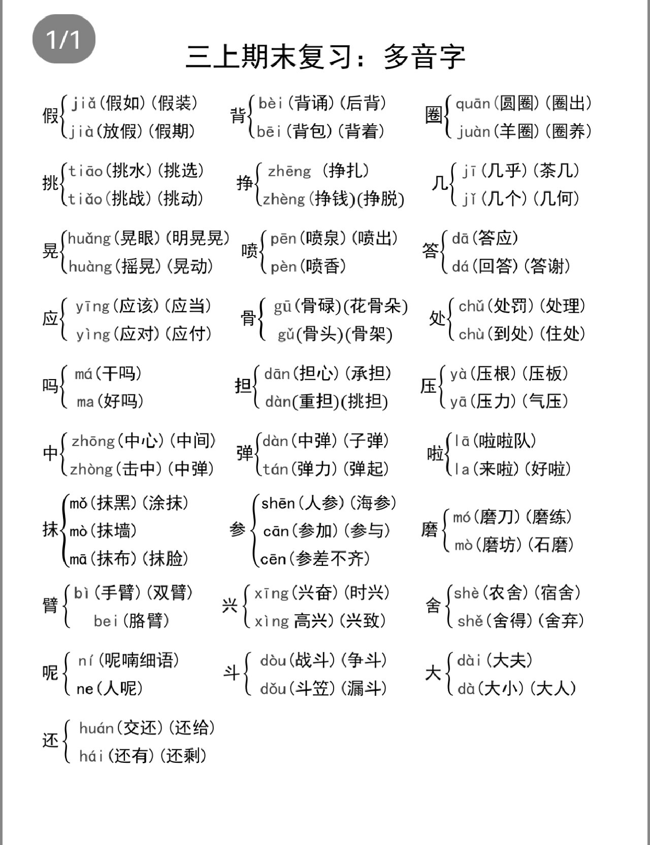 三上语文期末复习:多音字