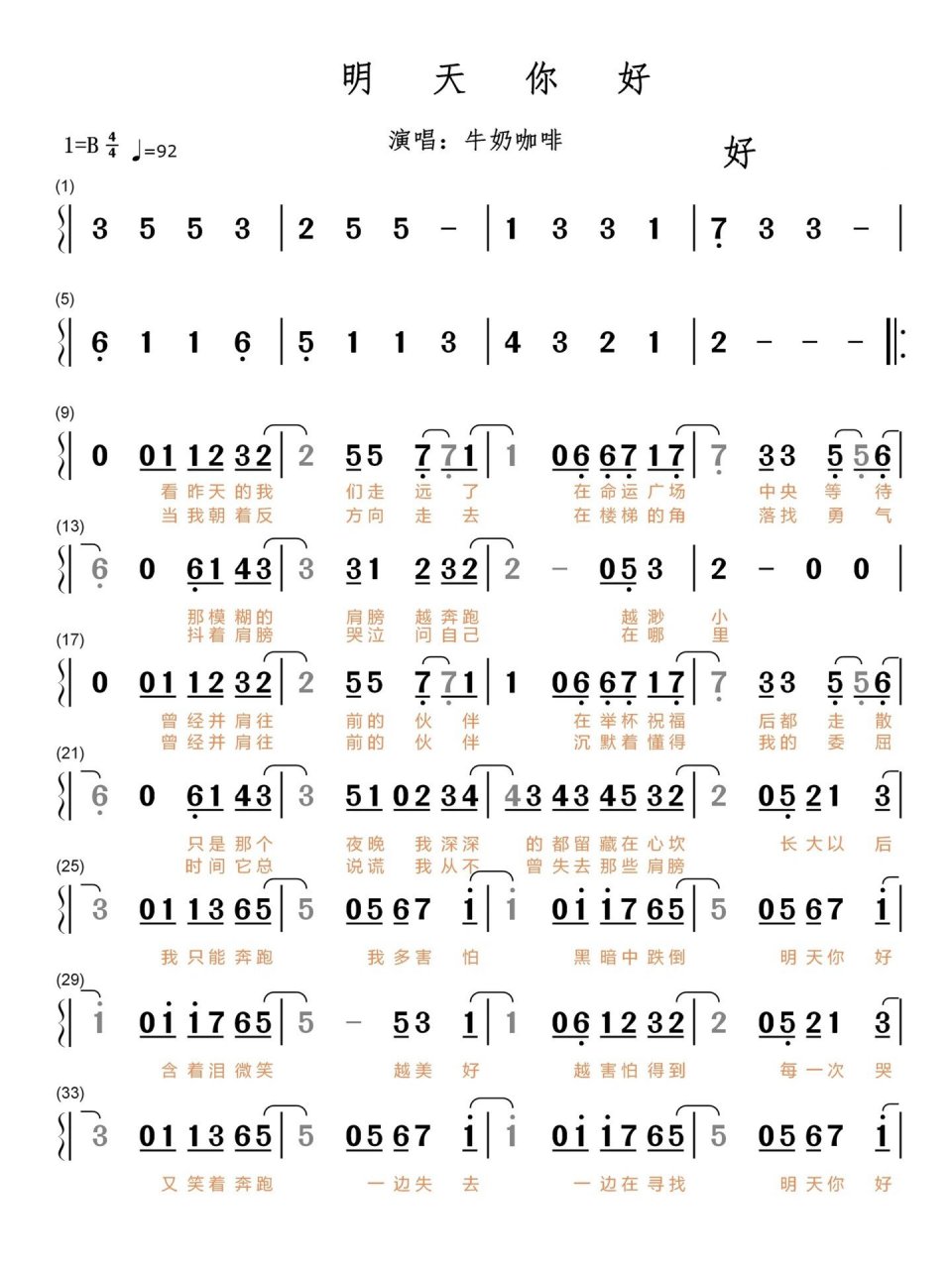 《明天你好》| 原调简谱分享 《明天你好》是一首充满希望和勇气的
