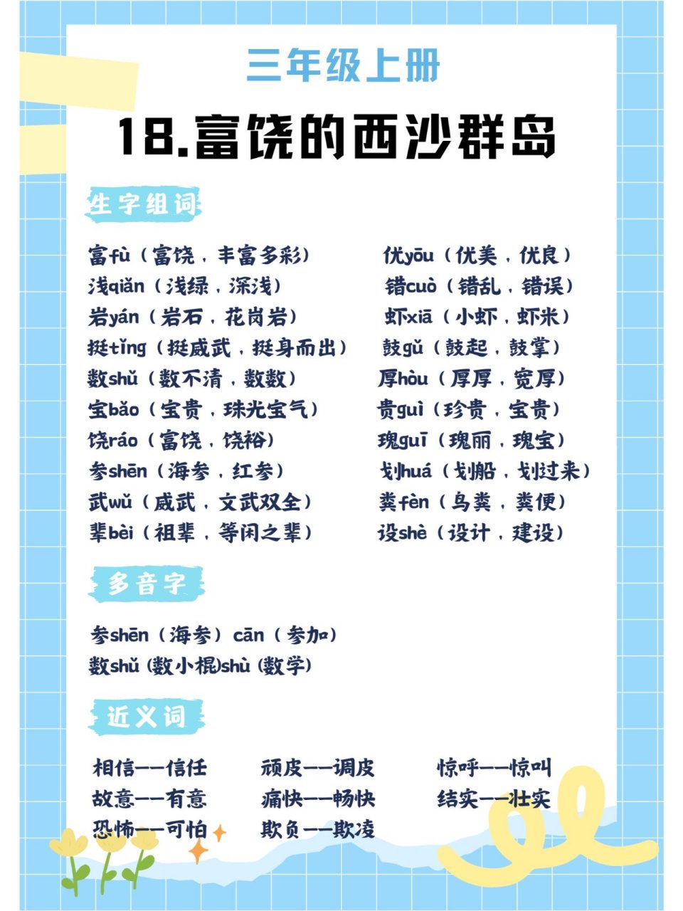 课后题答案,生字,多音字,近反义词,课文分段,文章主旨,重点句子赏析