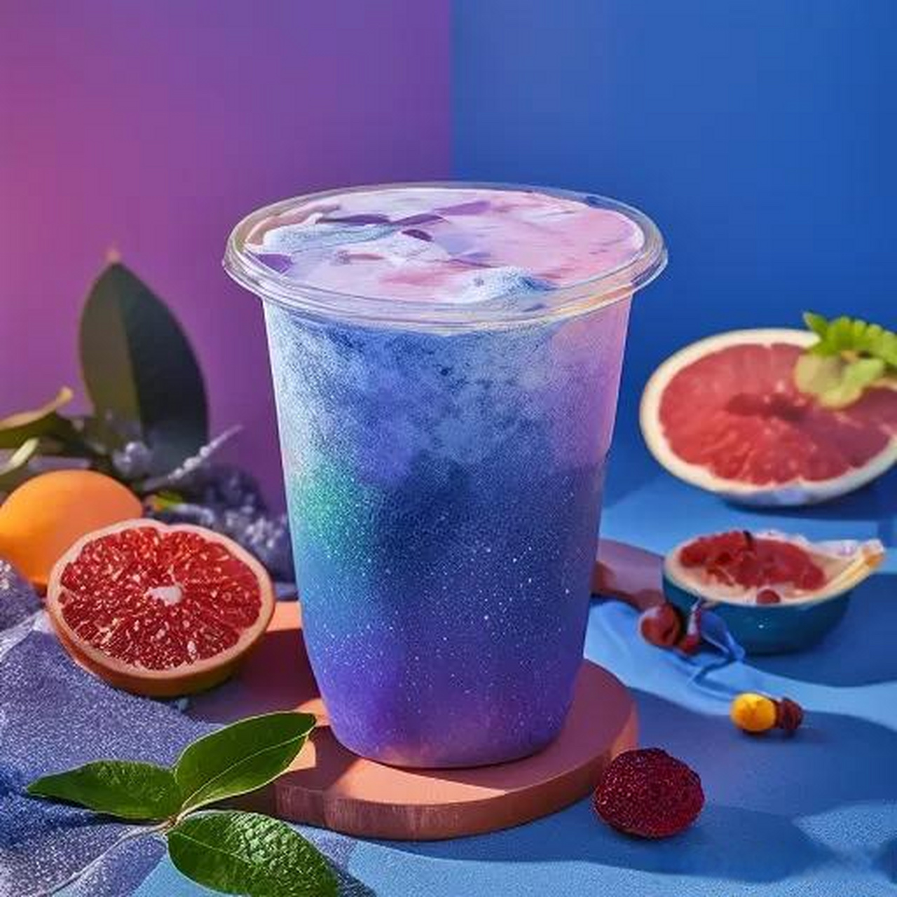 一款充满创意和梦幻感的饮品,它以深蓝色的奶茶为基底,加入璀璨的亮片