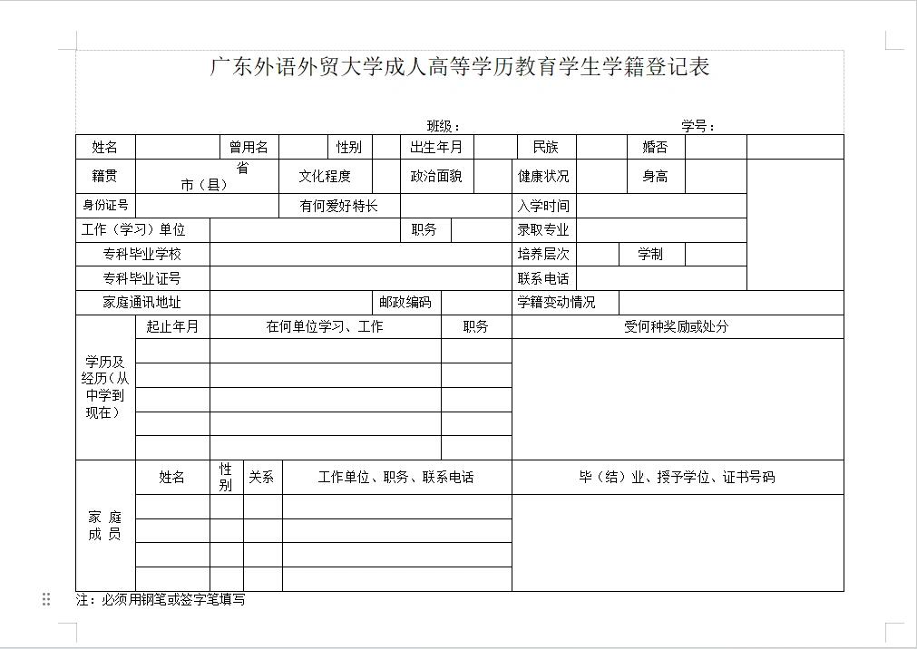 94广外成人高等教育学生《学籍登记表》
