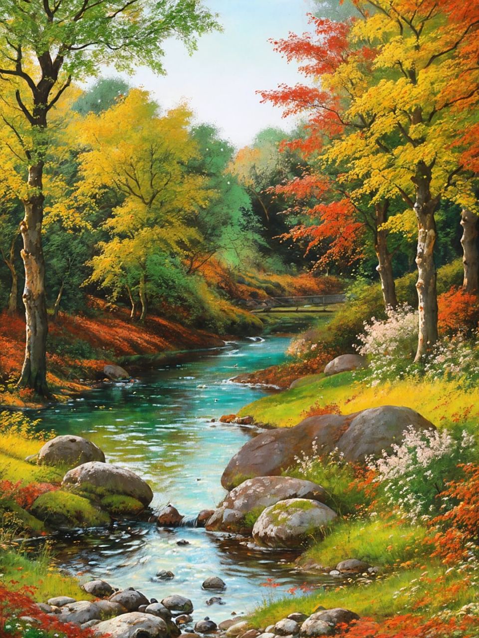 手机壁纸# #iphone壁纸# #山涧小溪# #油画风景