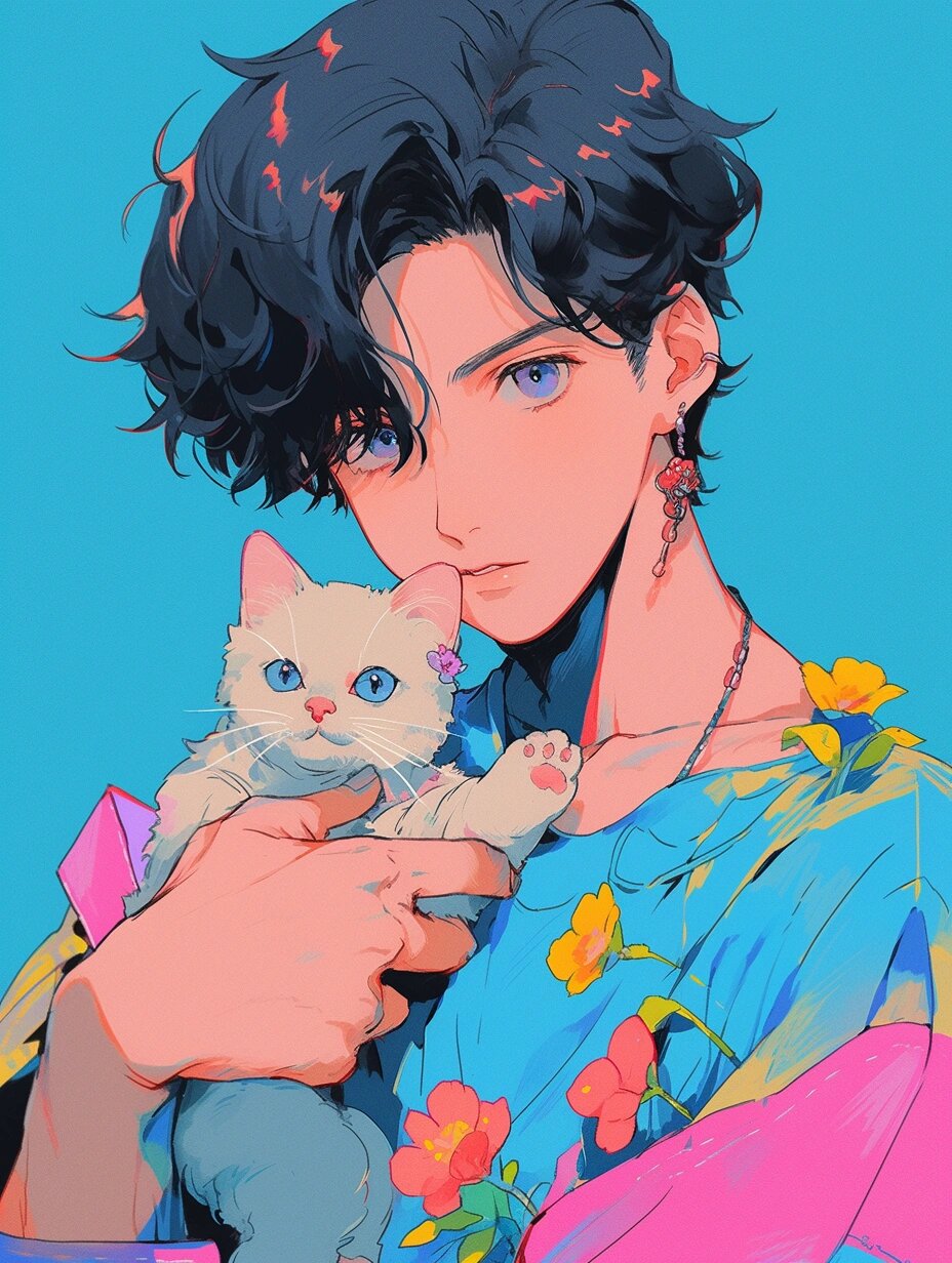 温柔青色 | 抱猫男生头像 和小猫咪一起过七夕