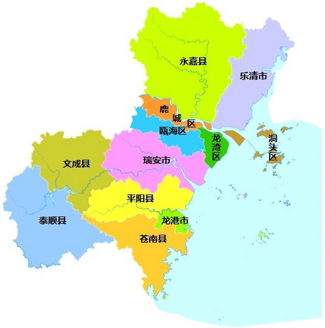 温州全市划分为 4个区:鹿城区,龙湾区,瓯海区,洞头区; 5个县:永嘉