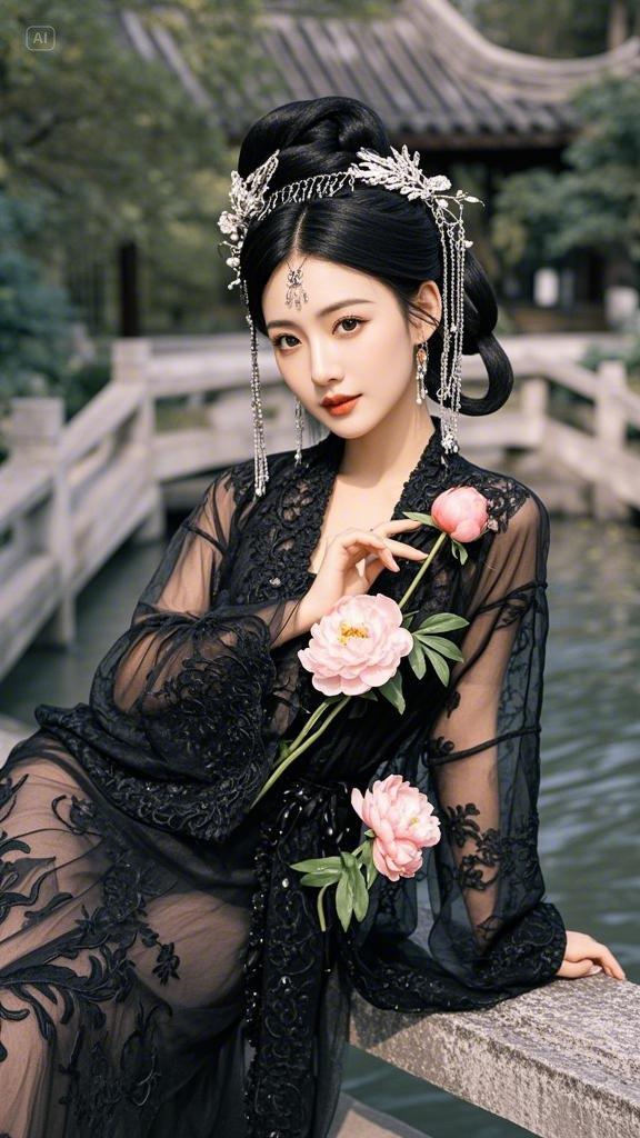 古风,绝色美女身着黑色满刺绣古装纱裙,纱质刺绣宽大,暗黑色华丽繁复