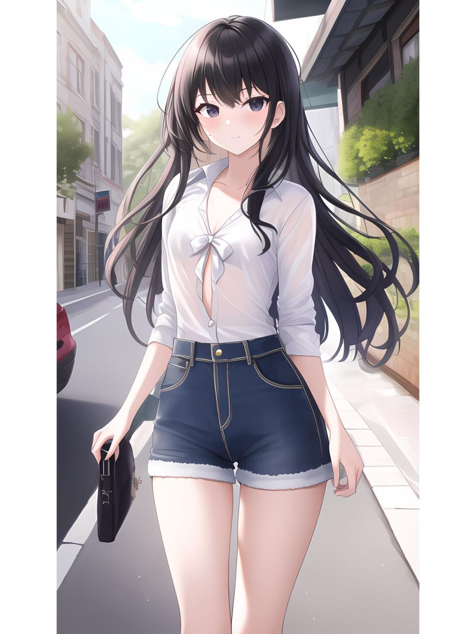 牛仔裤长发飘逸阳光女孩,动漫二次元绘画