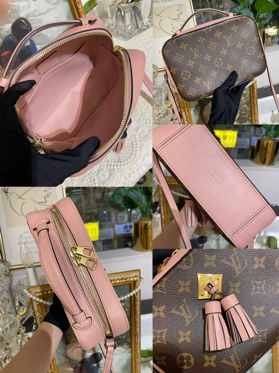 lv流苏相机包78 lv saintonge流蘇手袋 經典老花拼櫻花粉紅色 size