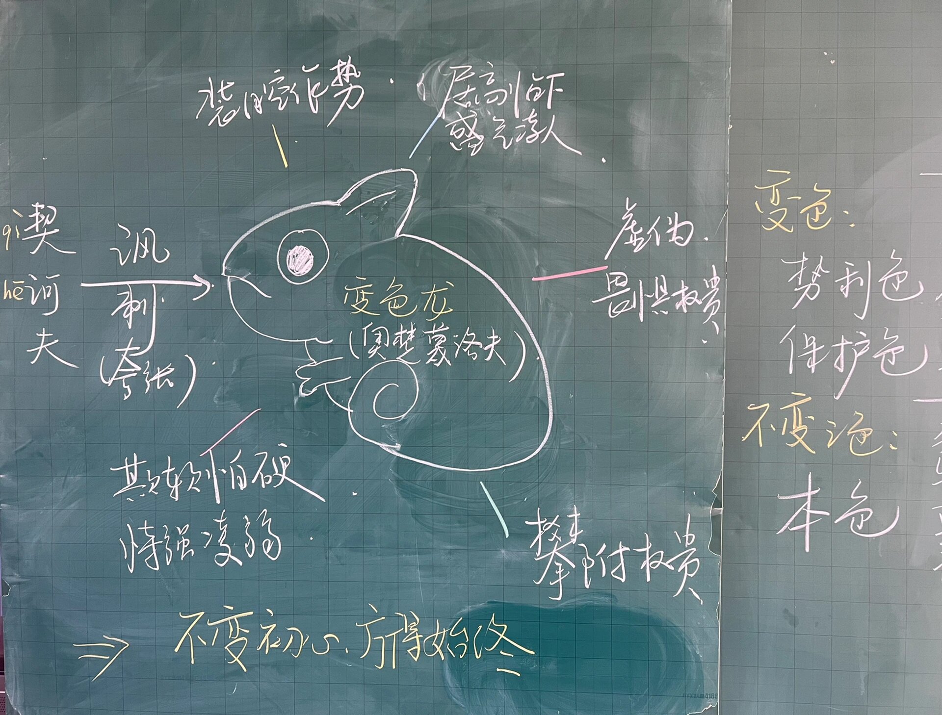 《变色龙》板书设计 变色(不同彩色粉笔画斜线) 不变色(白色粉笔写