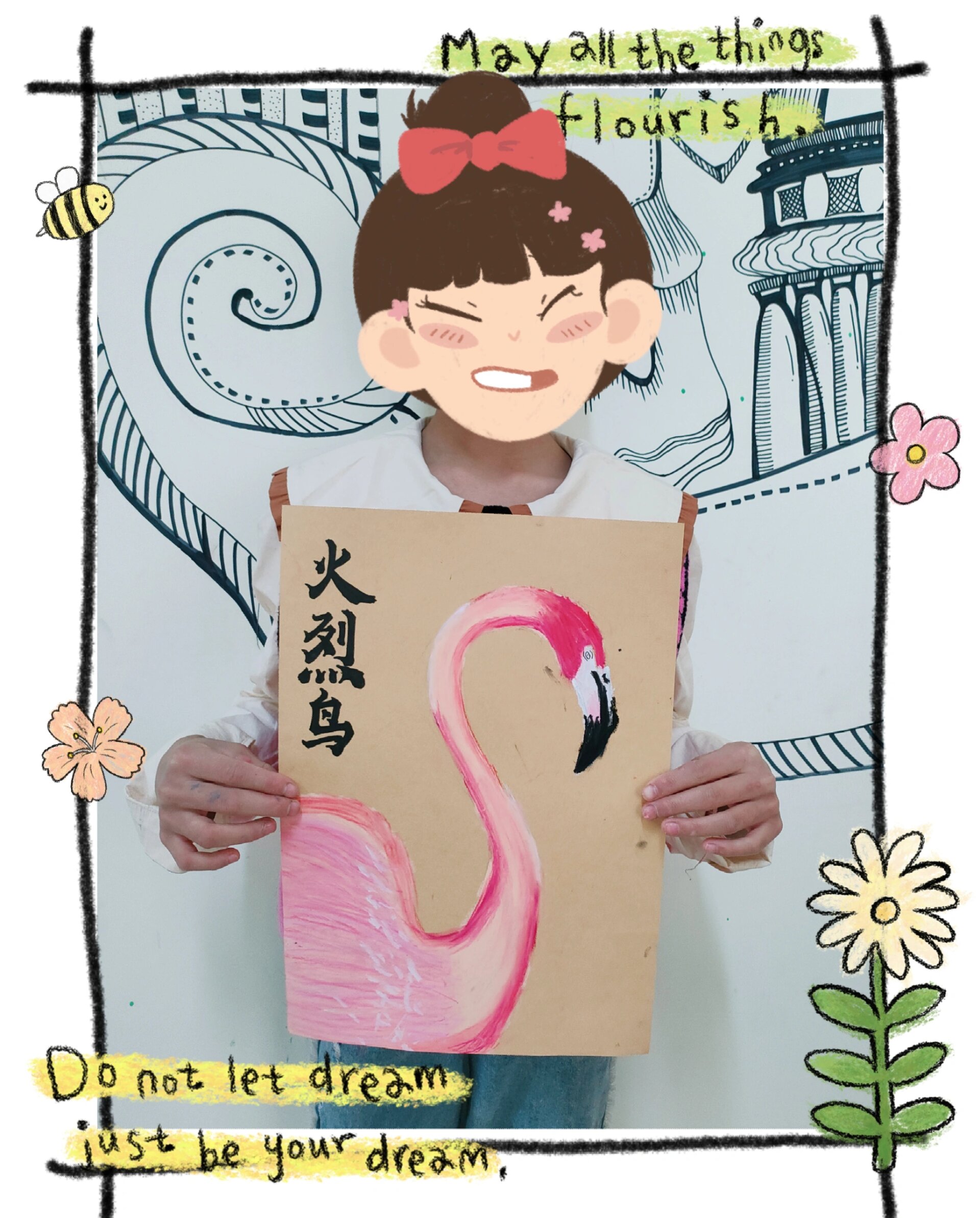 三年级学生重彩油画棒作品《火烈鸟》 参考图放在后边了 原作者