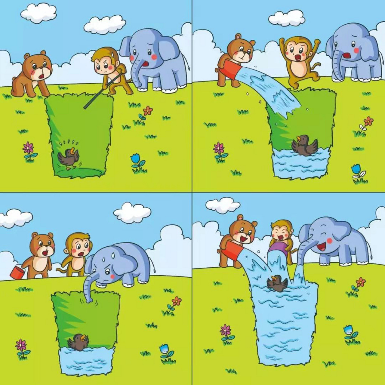 小鸭得救了看图写话 鸭子得救了 午餐过后,小鸭子跳跳独自一人在草地